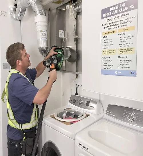 Technician cleaning indoor dryer vent system.