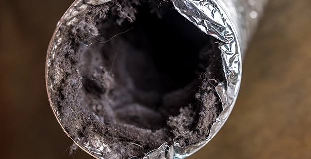 Close-up of dirty dryer vent hose filled with lint.