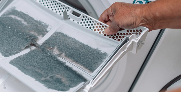 Clothes dryer lint filter covered in dust and dirt.